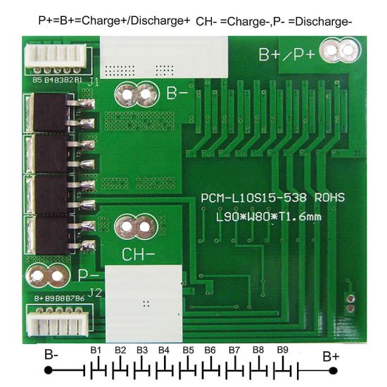 10S C: 5A D: 15A PCM BMS para 36V 37V Li-Ion / Litio / Litio / Litio 30V 32V LIFEPO4 Batería Tamaño L90 * W80 * T8MM (PCM-L10s15-538)
