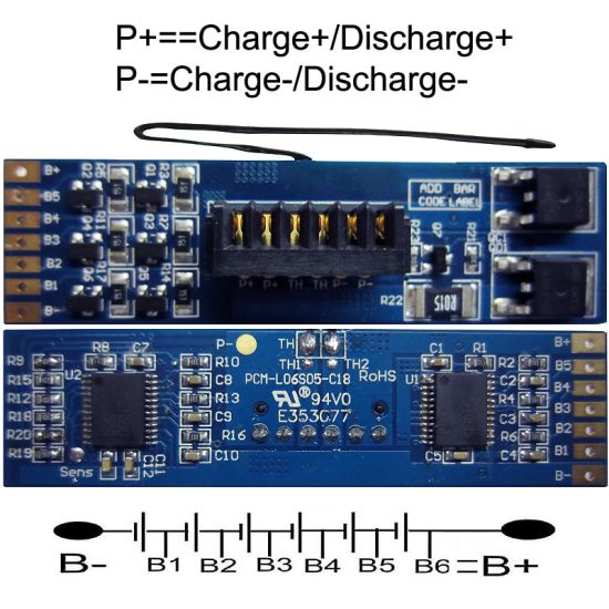 6S 5A PCM BMS para 21.6V 22.2V Li-Ion / Litio / Li-Polymer 18V 19.2V LIFEPO4 Battery Pack con terminales (PCM-L06S05-C18)