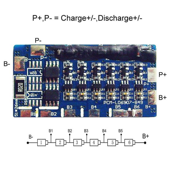 6S 6A PCM BMS para 21.6V 22.2V Li-Ion / Litio / Li-Polymer 18V 19.2V LIFEPO4 Battery Pack Tamaño L51 * W26 * T4MM (PCM-L06S07-849)